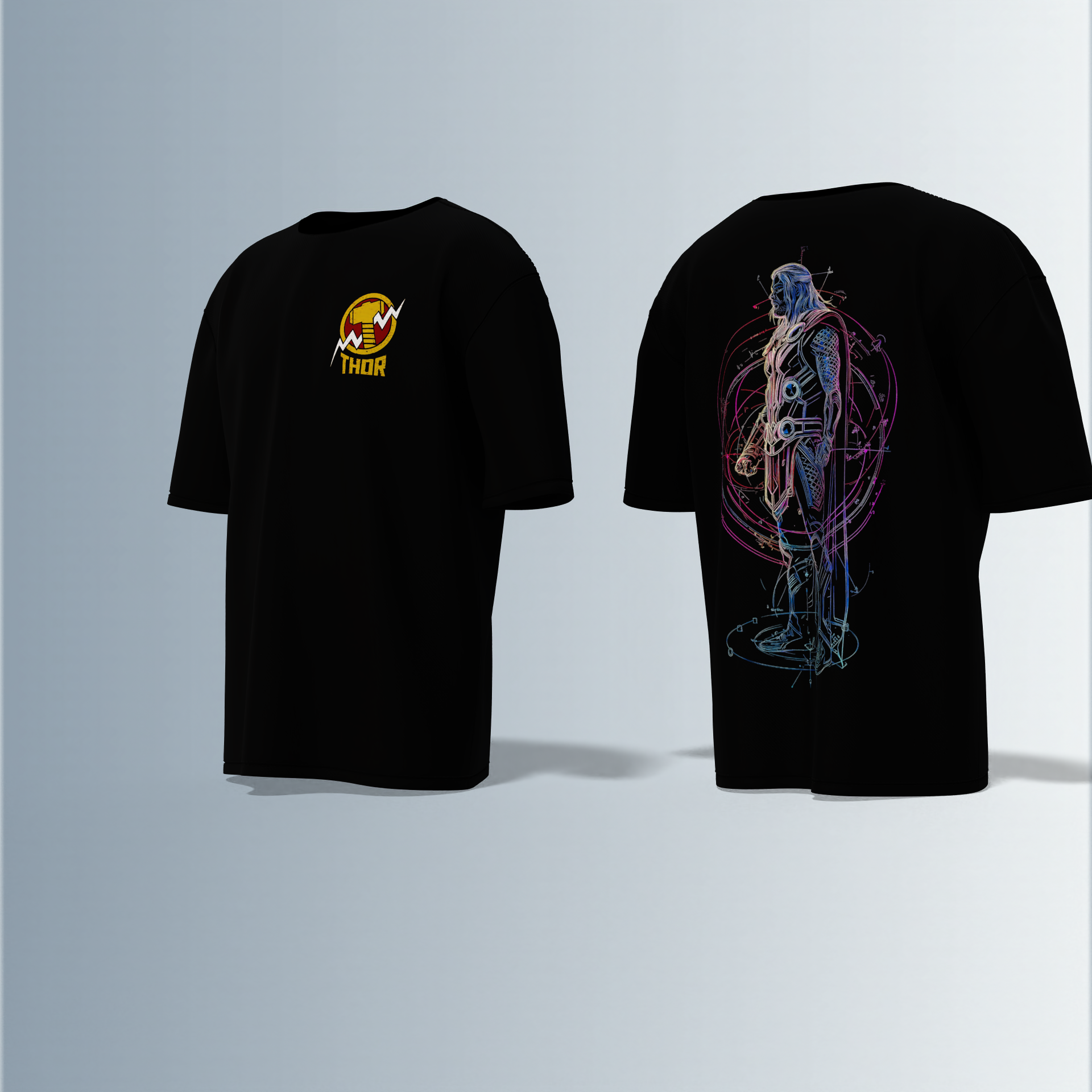 "Thor Graphic T-shirt Design with Bold Front Logo and Vibrant Back Artwork"
