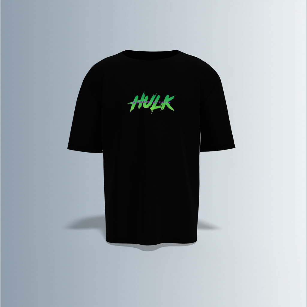 "Hulk Graphic T-shirt Design with Bold Front Logo and Dynamic Back Artwork"