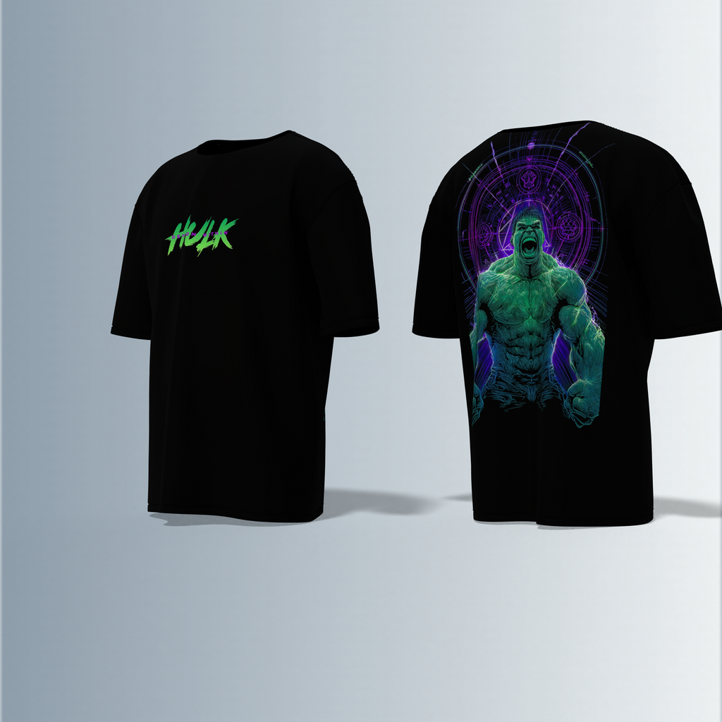 "Hulk Graphic T-shirt Design with Bold Front Logo and Dynamic Back Artwork"