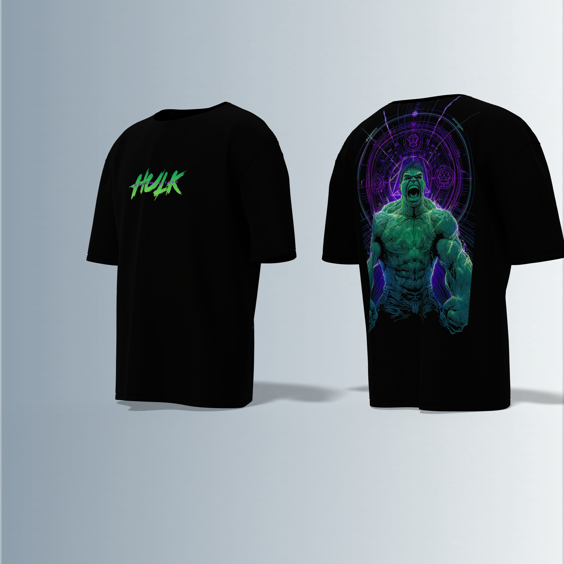 "Hulk Graphic T-shirt Design with Bold Front Logo and Dynamic Back Artwork"
