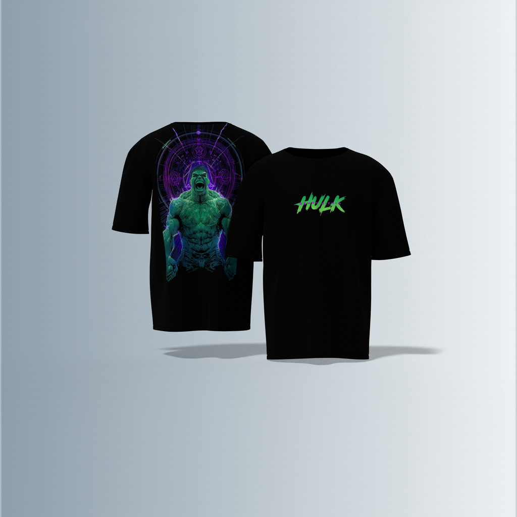 "Hulk Graphic T-shirt Design with Bold Front Logo and Dynamic Back Artwork"