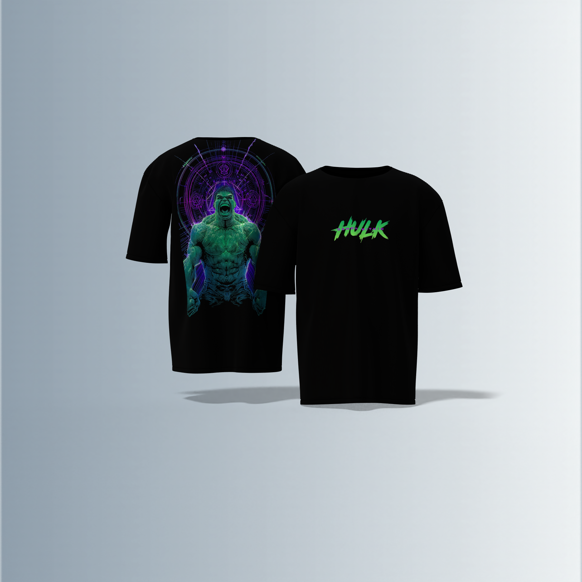 "Hulk Graphic T-shirt Design with Bold Front Logo and Dynamic Back Artwork"