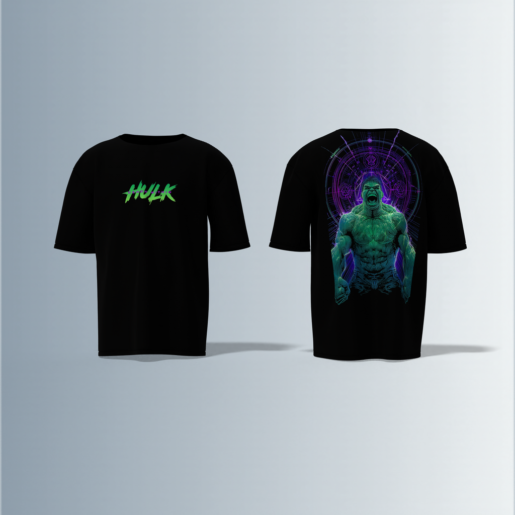 "Hulk Graphic T-shirt Design with Bold Front Logo and Dynamic Back Artwork"