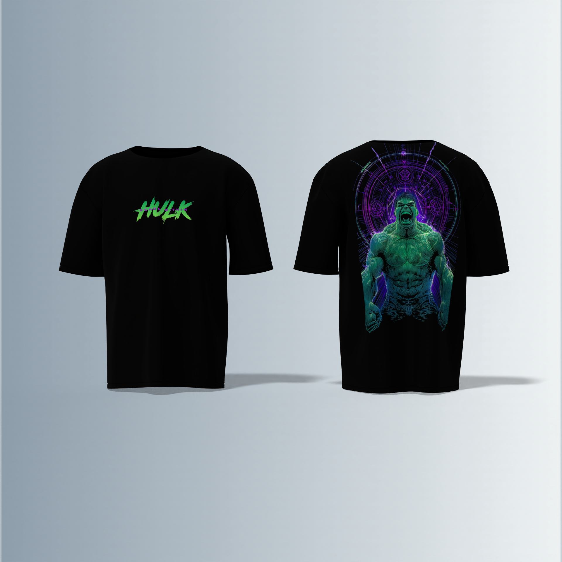 "Hulk Graphic T-shirt Design with Bold Front Logo and Dynamic Back Artwork"
