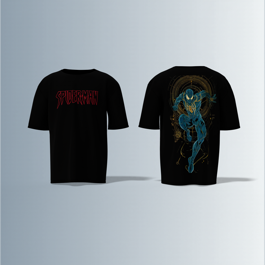 "Spider-Man Graphic T-shirt Design with Bold Front Logo and Dynamic Back Artwork"