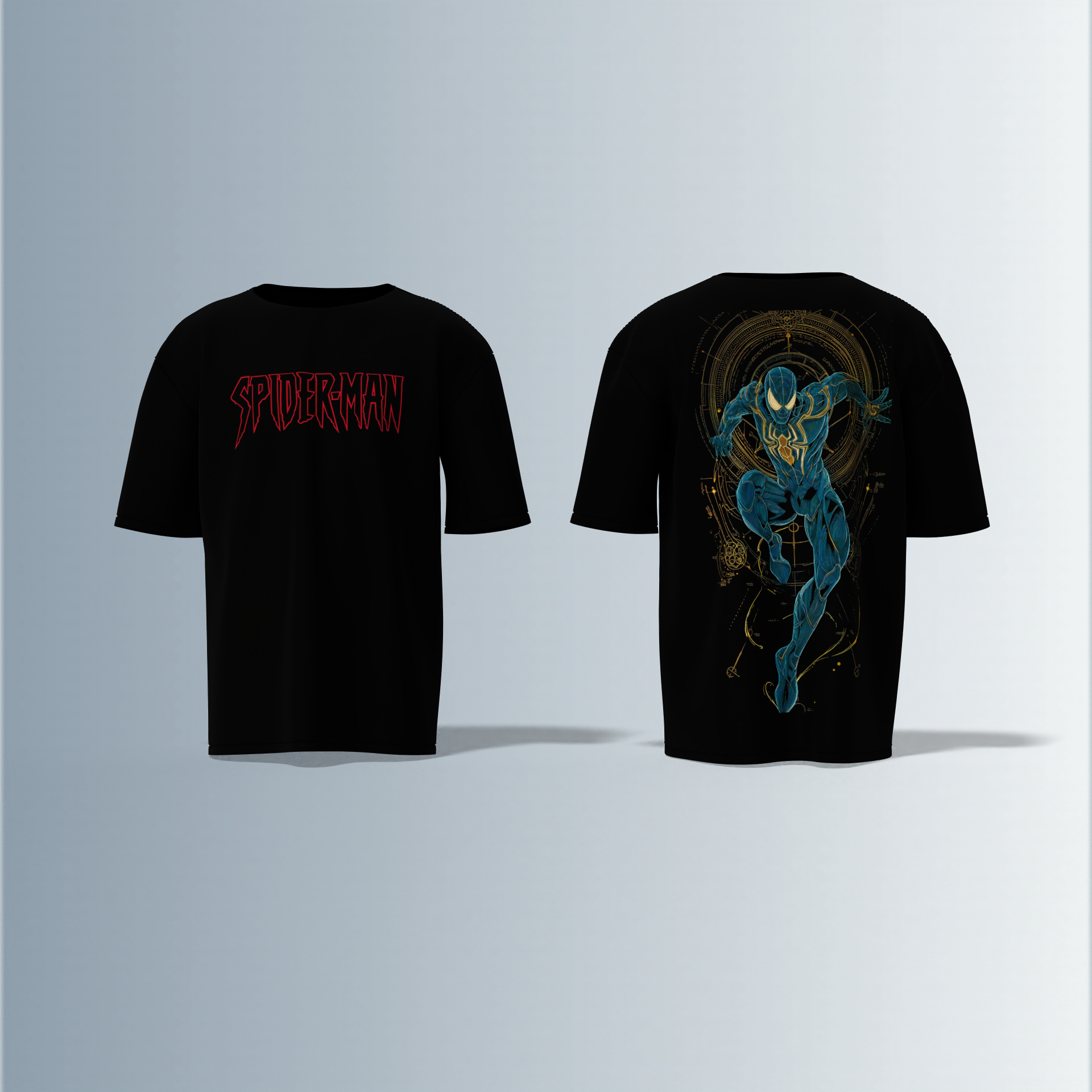 "Spider-Man Graphic T-shirt Design with Bold Front Logo and Dynamic Back Artwork"