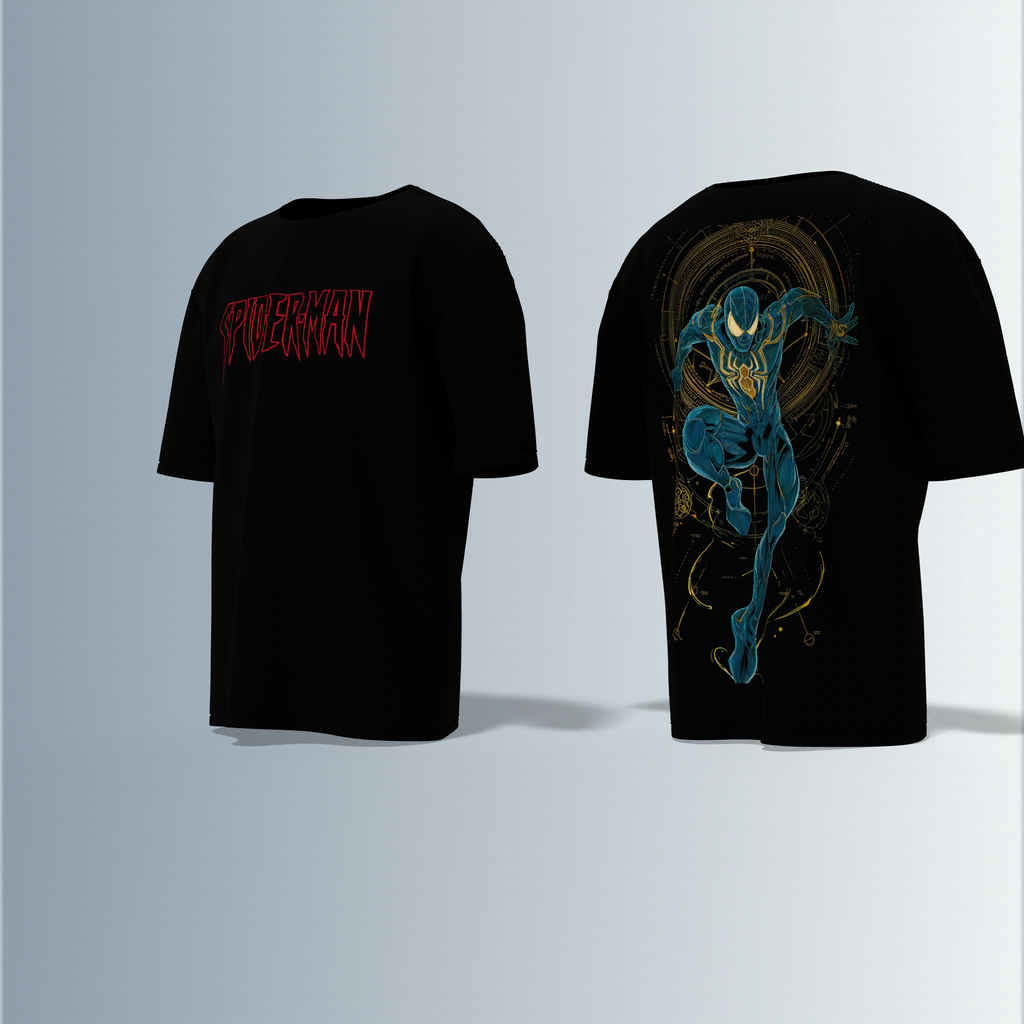 "Spider-Man Graphic T-shirt Design with Bold Front Logo and Dynamic Back Artwork"