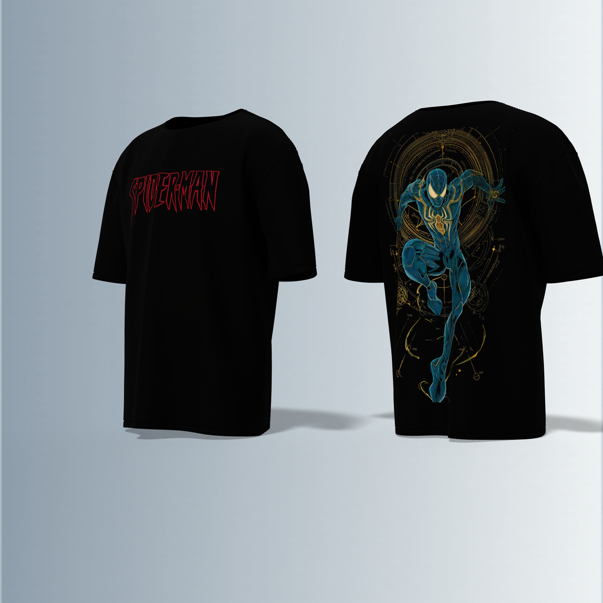 "Spider-Man Graphic T-shirt Design with Bold Front Logo and Dynamic Back Artwork"