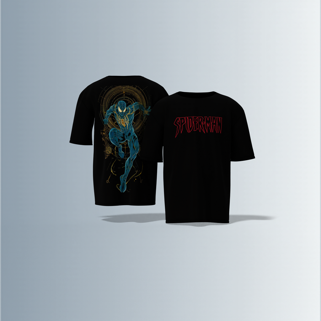 "Spider-Man Graphic T-shirt Design with Bold Front Logo and Dynamic Back Artwork"