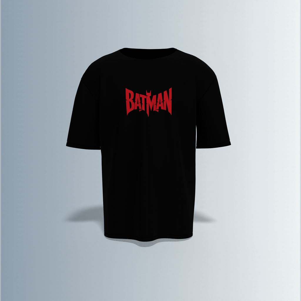"Batman Graphic T-shirt Design with Bold Front Logo and Intricate Back Artwork"