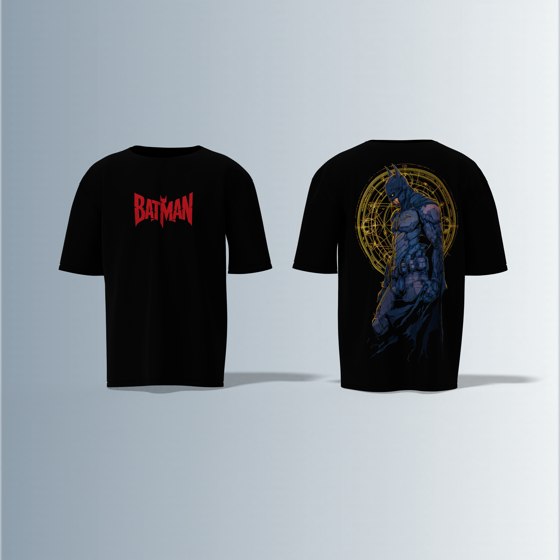"Batman Graphic T-shirt Design with Bold Front Logo and Intricate Back Artwork"