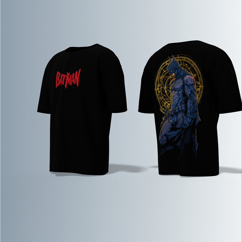 "Batman Graphic T-shirt Design with Bold Front Logo and Intricate Back Artwork"