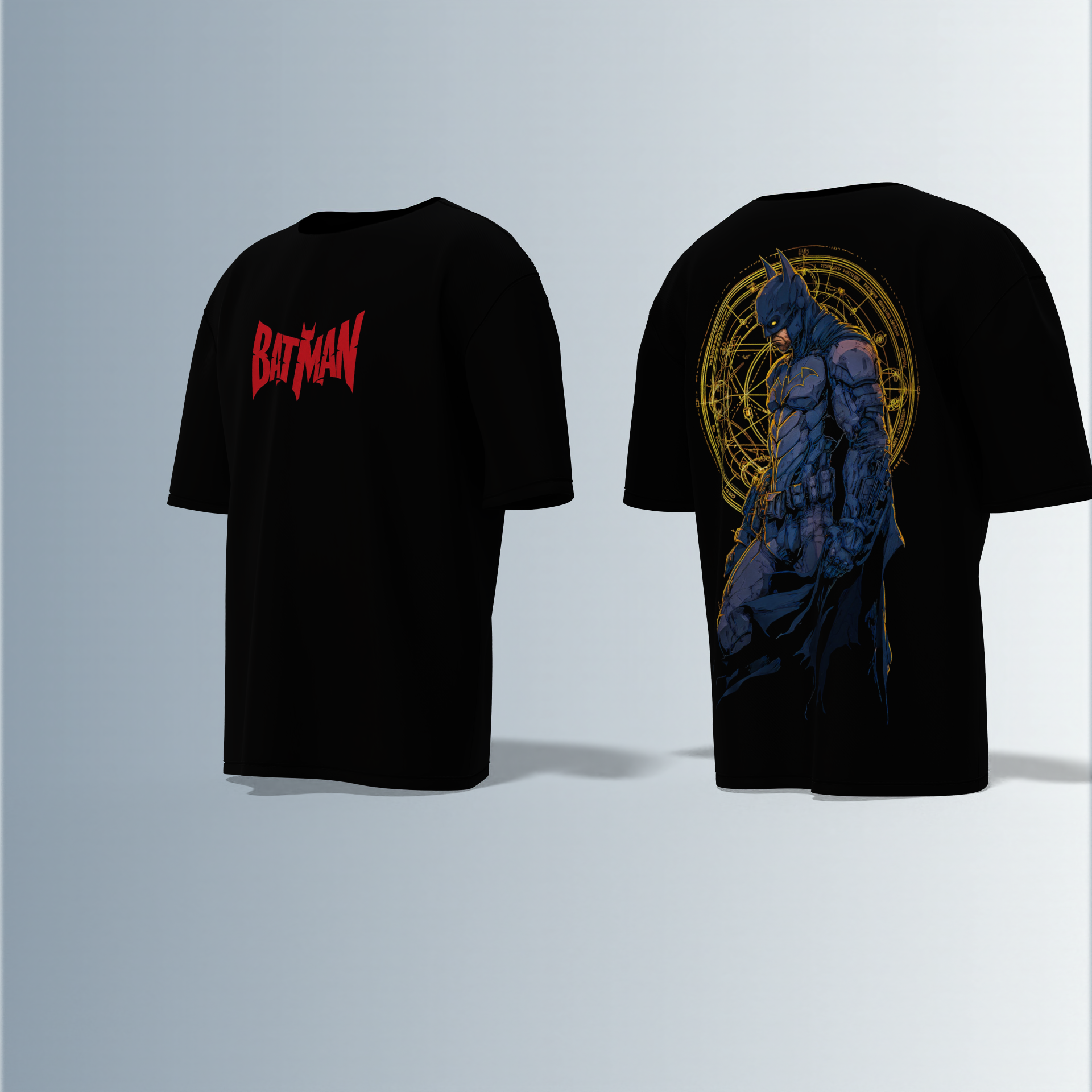 "Batman Graphic T-shirt Design with Bold Front Logo and Intricate Back Artwork"