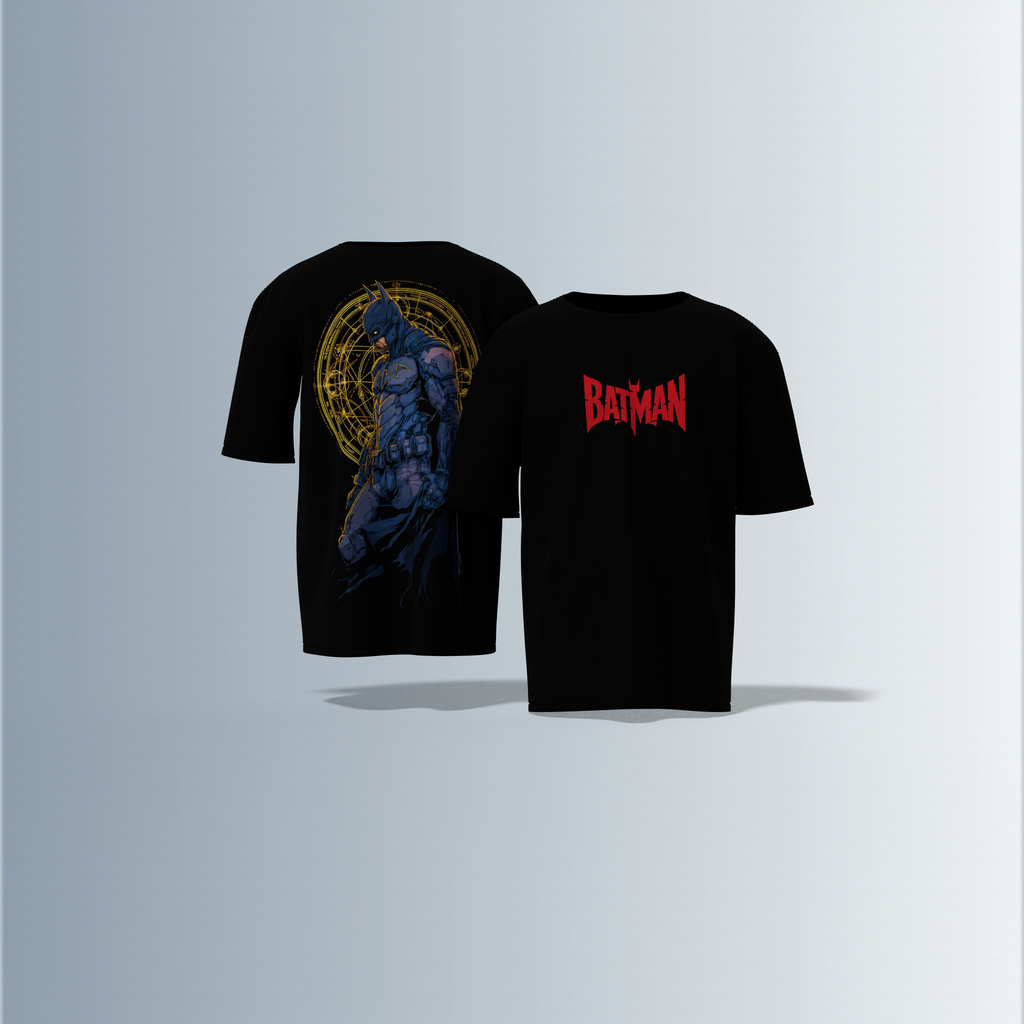 "Batman Graphic T-shirt Design with Bold Front Logo and Intricate Back Artwork"