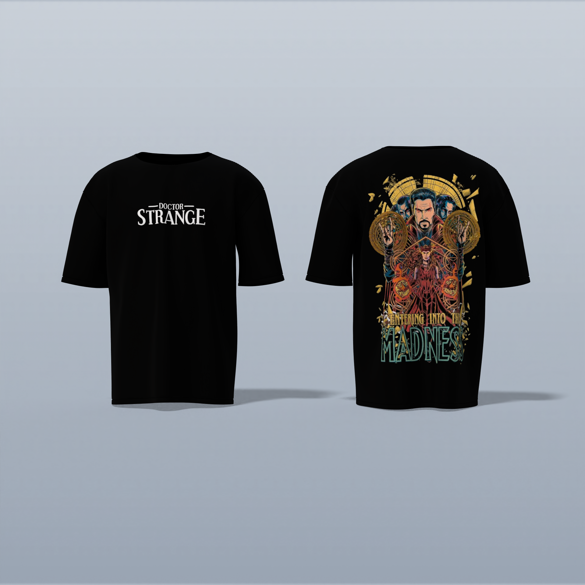 Oversized Graphic T-Shirt Featuring “Doctor Strange” Front Logo and Intricate Back Design of Multiverse Portal with Doctor Strange Illustration and “Entering Into the Madness” Typography