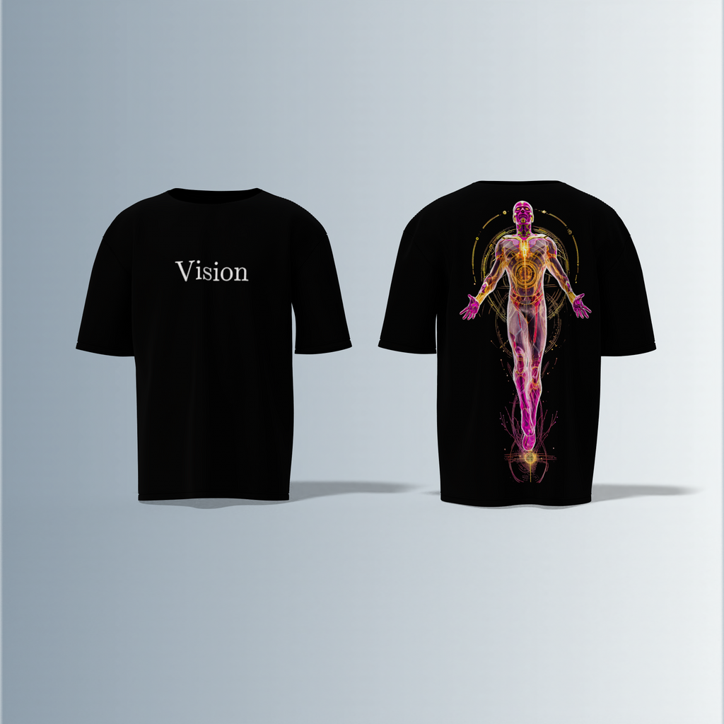 "Vision Graphic T-shirt Design with Minimalist Front Text and Vibrant Back Artwork"