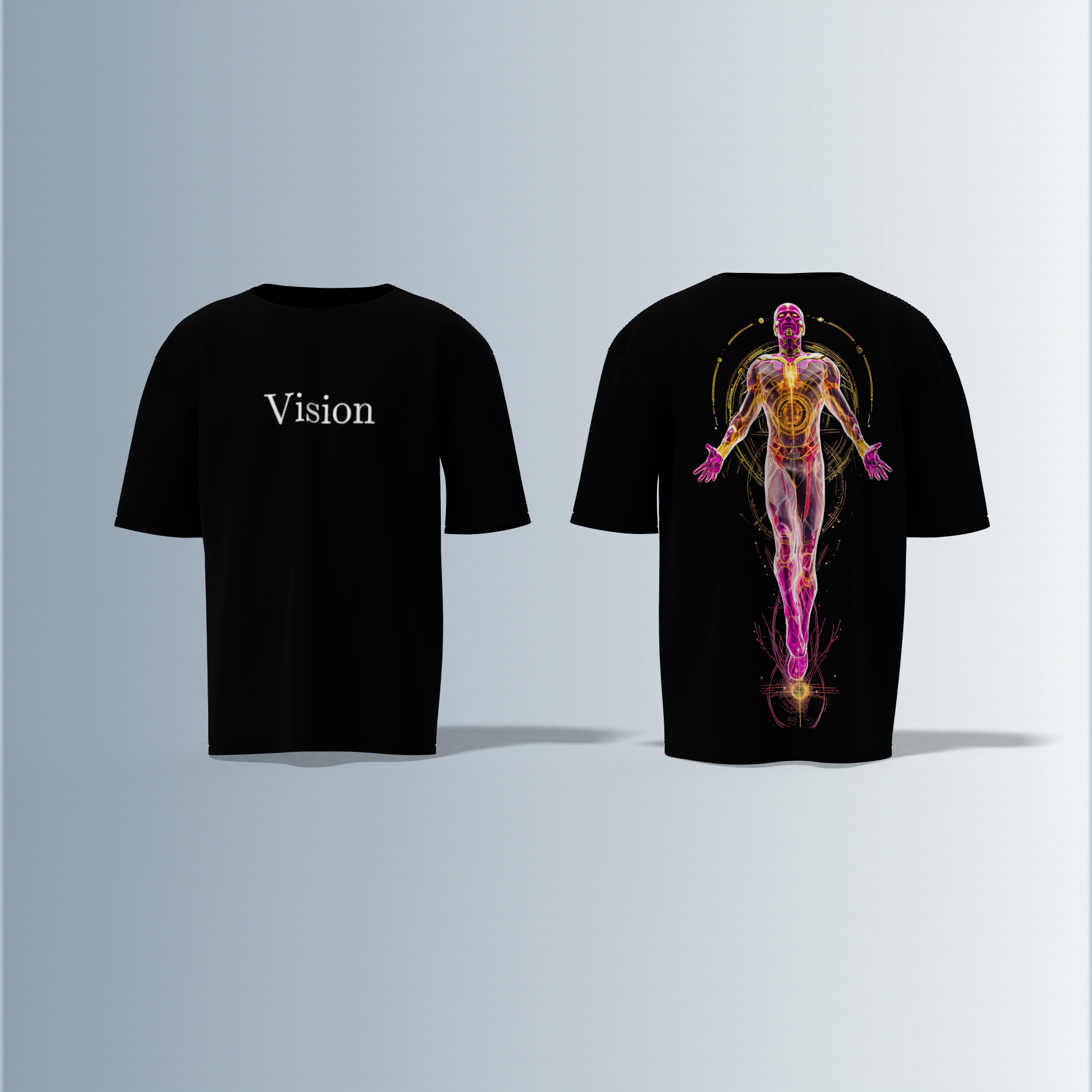 "Vision Graphic T-shirt Design with Minimalist Front Text and Vibrant Back Artwork"