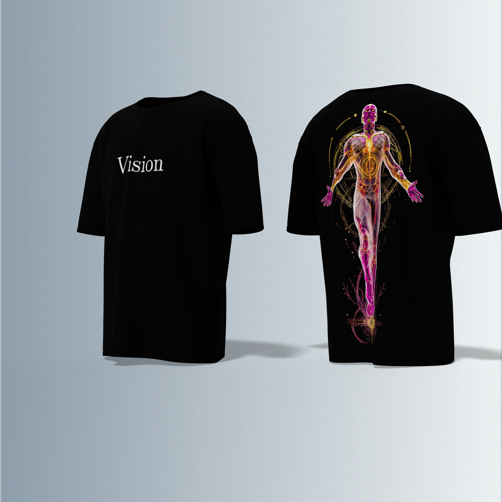 "Vision Graphic T-shirt Design with Minimalist Front Text and Vibrant Back Artwork"