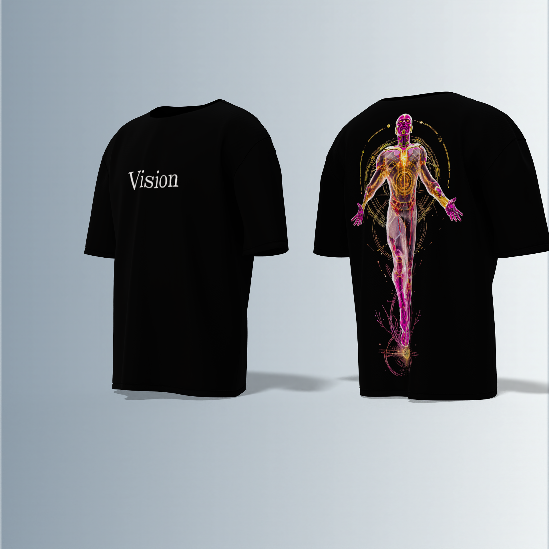 "Vision Graphic T-shirt Design with Minimalist Front Text and Vibrant Back Artwork"