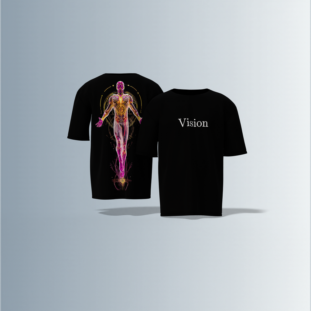 "Vision Graphic T-shirt Design with Minimalist Front Text and Vibrant Back Artwork"