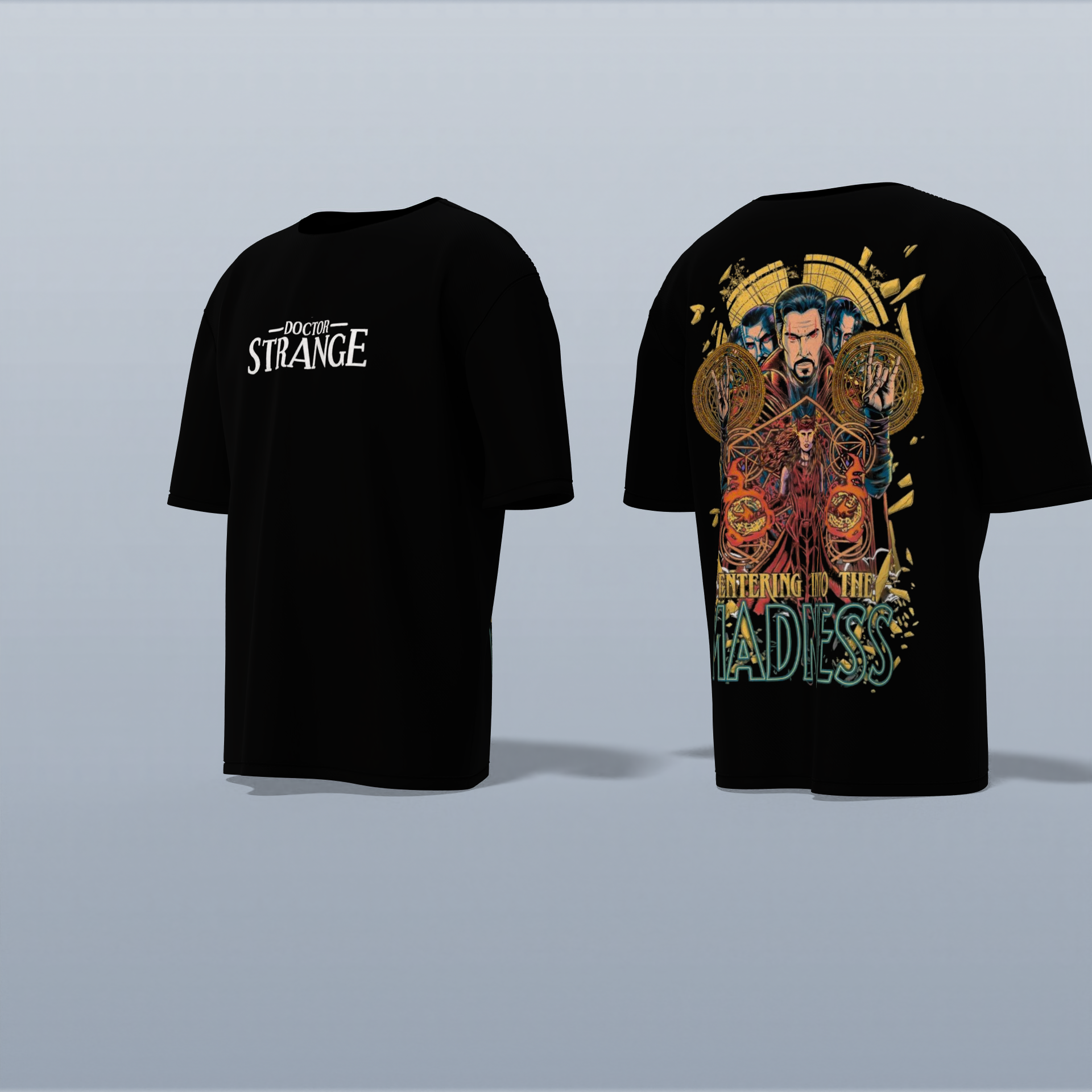 Oversized Graphic T-Shirt Featuring “Doctor Strange” Front Logo and Intricate Back Design of Multiverse Portal with Doctor Strange Illustration and “Entering Into the Madness” Typography