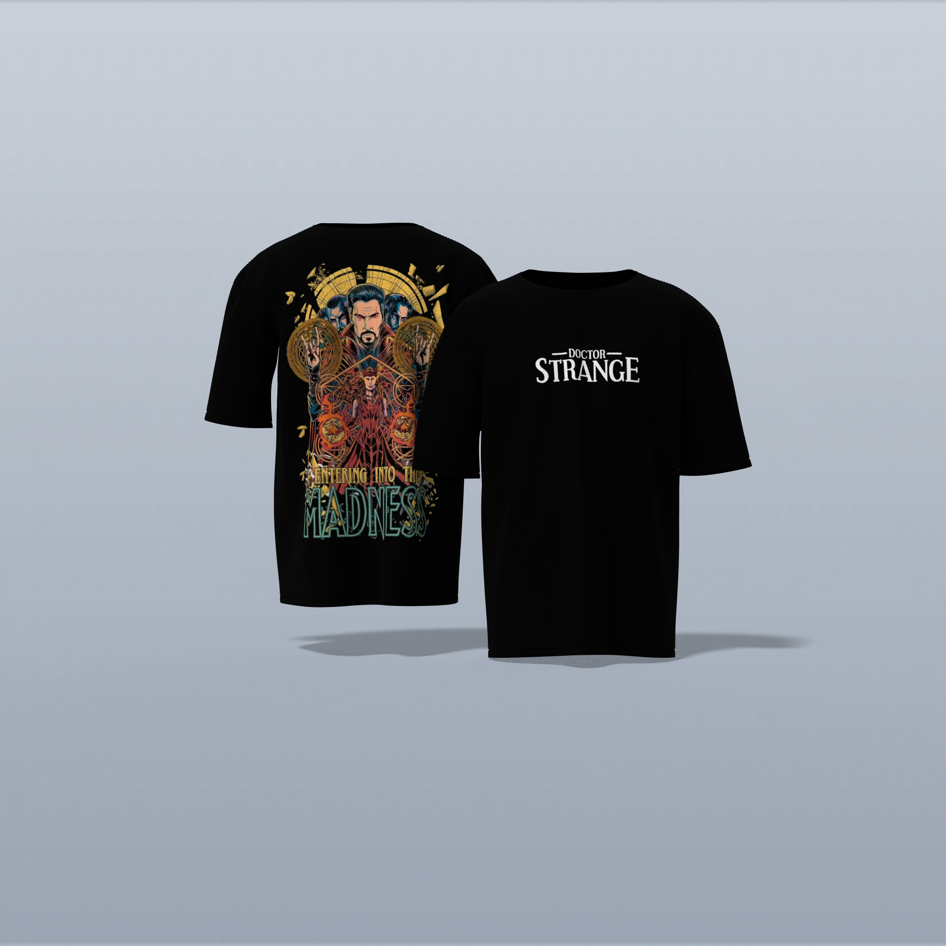 Oversized Graphic T-Shirt Featuring “Doctor Strange” Front Logo and Intricate Back Design of Multiverse Portal with Doctor Strange Illustration and “Entering Into the Madness” Typography