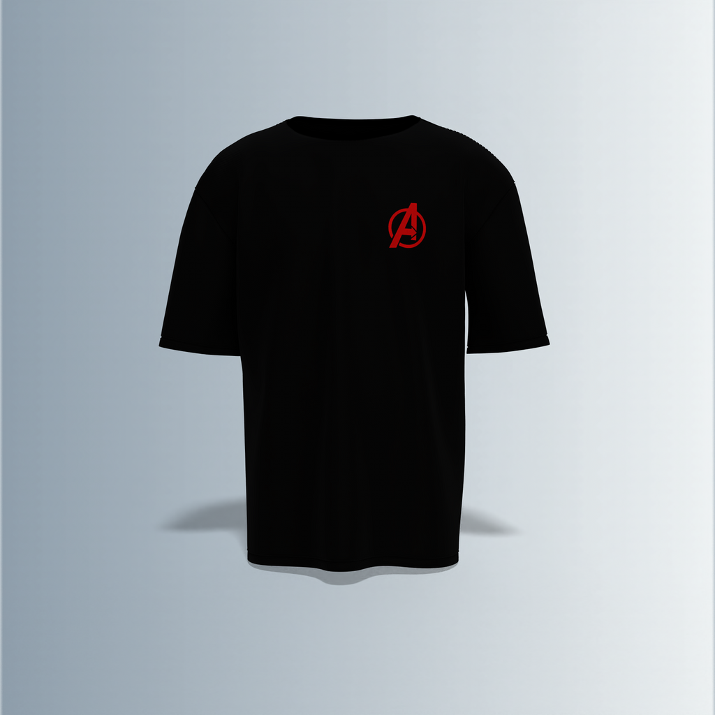 Oversized Unisex T-Shirt with Front Avengers Logo and Back Graphic Featuring Hero Icons – Captain America's Shield, Thor’s Mjolnir, Iron Man’s Arc Reactor, Hulk’s Fist, and More