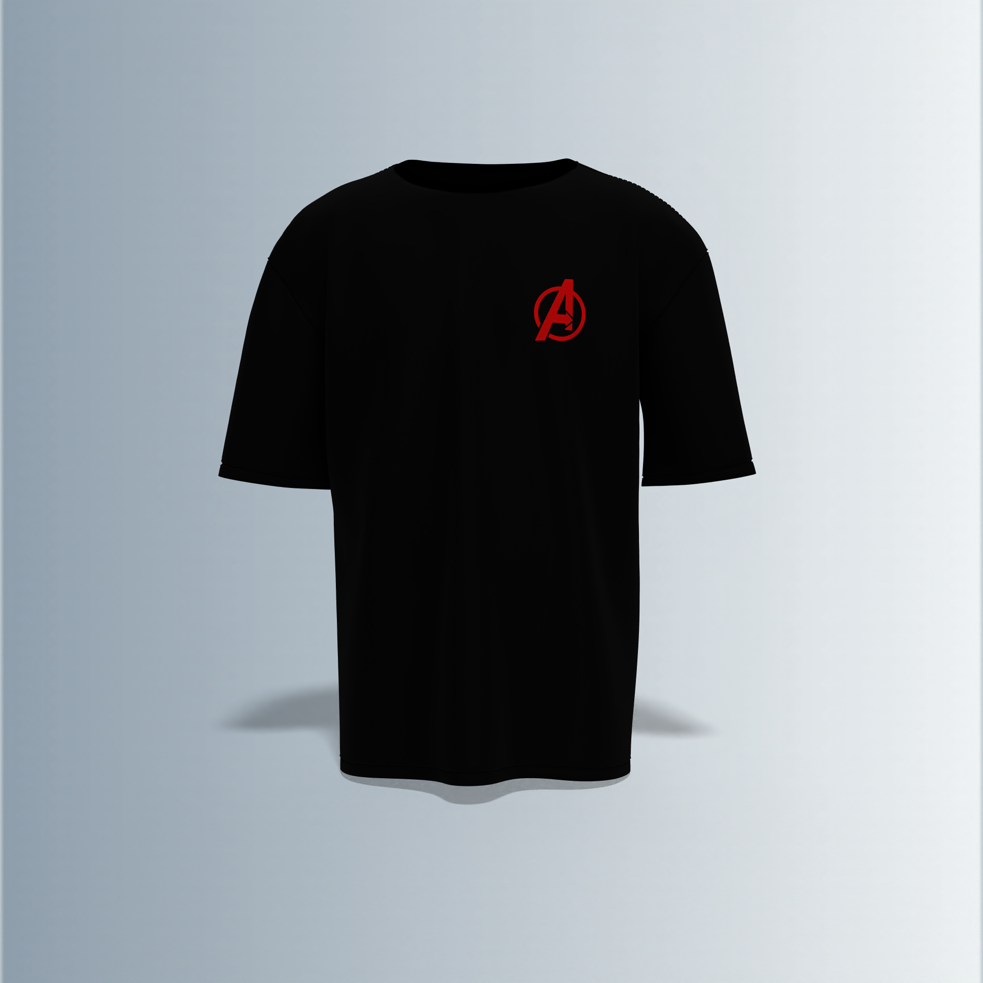 Oversized Unisex T-Shirt with Front Avengers Logo and Back Graphic Featuring Hero Icons – Captain America's Shield, Thor’s Mjolnir, Iron Man’s Arc Reactor, Hulk’s Fist, and More