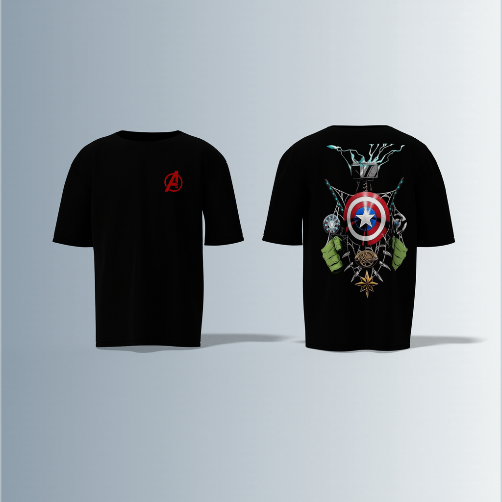 Oversized Unisex T-Shirt with Front Avengers Logo and Back Graphic Featuring Hero Icons – Captain America's Shield, Thor’s Mjolnir, Iron Man’s Arc Reactor, Hulk’s Fist, and More