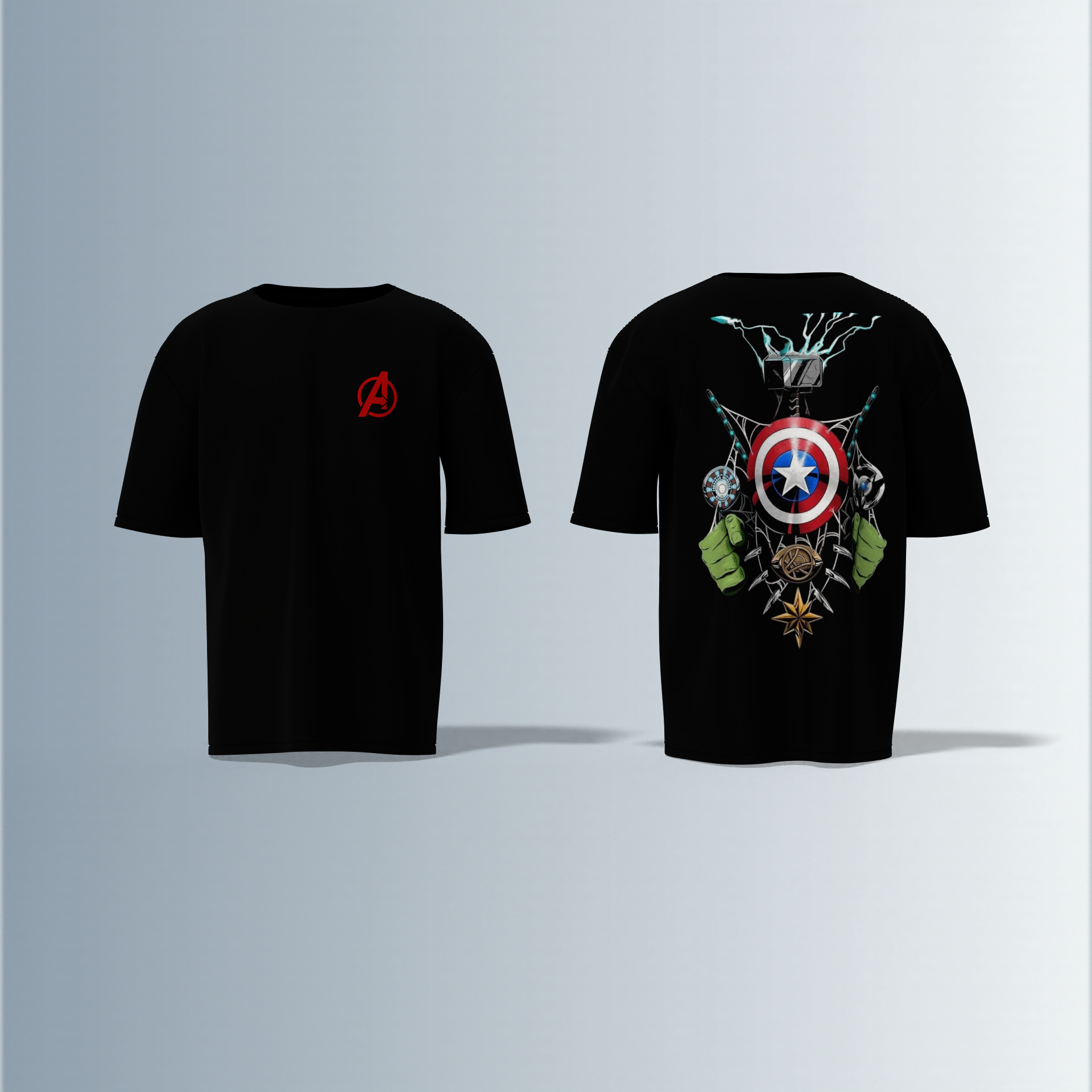 Oversized Unisex T-Shirt with Front Avengers Logo and Back Graphic Featuring Hero Icons – Captain America's Shield, Thor’s Mjolnir, Iron Man’s Arc Reactor, Hulk’s Fist, and More