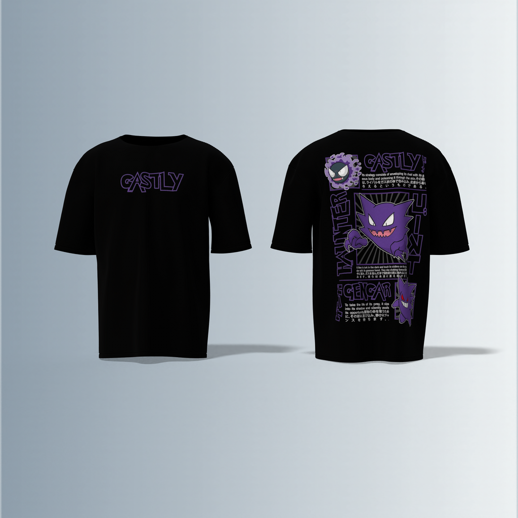 Oversized Graphic T-Shirt Featuring Gastly, Haunter, and Gengar Evolution Line – Bold Anime-Inspired Typography and Character Artwork on Front and Back
