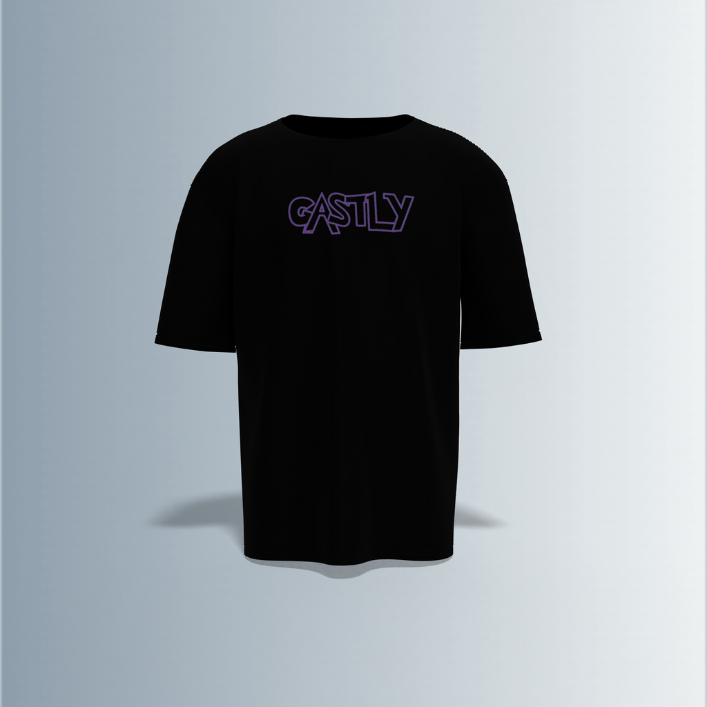 Oversized Graphic T-Shirt Featuring Gastly, Haunter, and Gengar Evolution Line – Bold Anime-Inspired Typography and Character Artwork on Front and Back