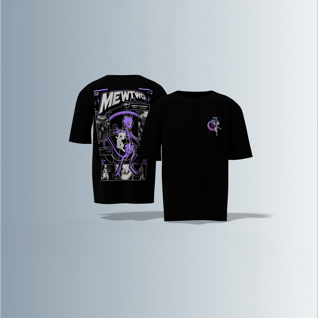 Oversized Graphic T-Shirt Featuring Legendary Pokémon Mewtwo – Futuristic Anime-Inspired Typography and Dynamic Character Artwork on Front and Back