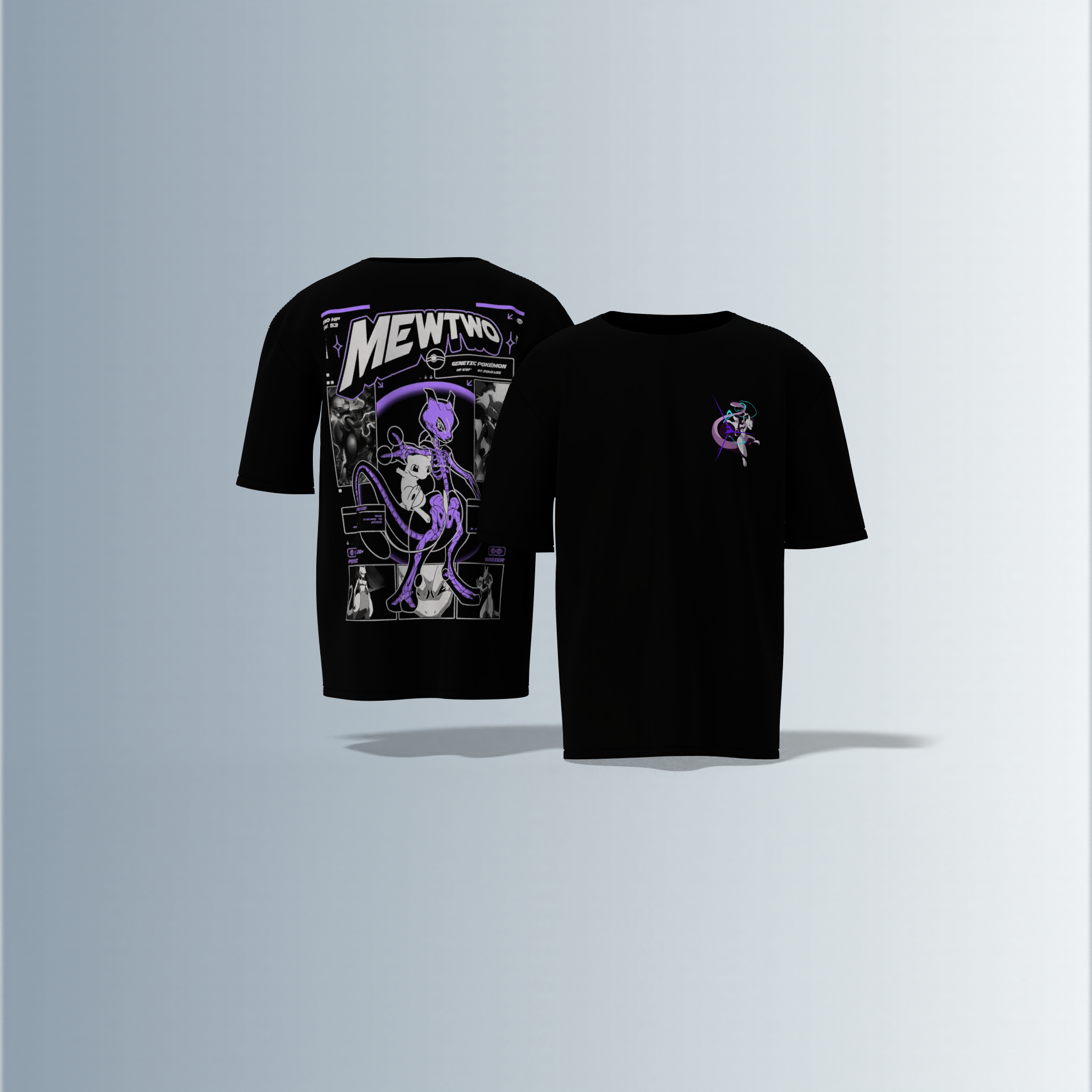 Oversized Graphic T-Shirt Featuring Legendary Pokémon Mewtwo – Futuristic Anime-Inspired Typography and Dynamic Character Artwork on Front and Back