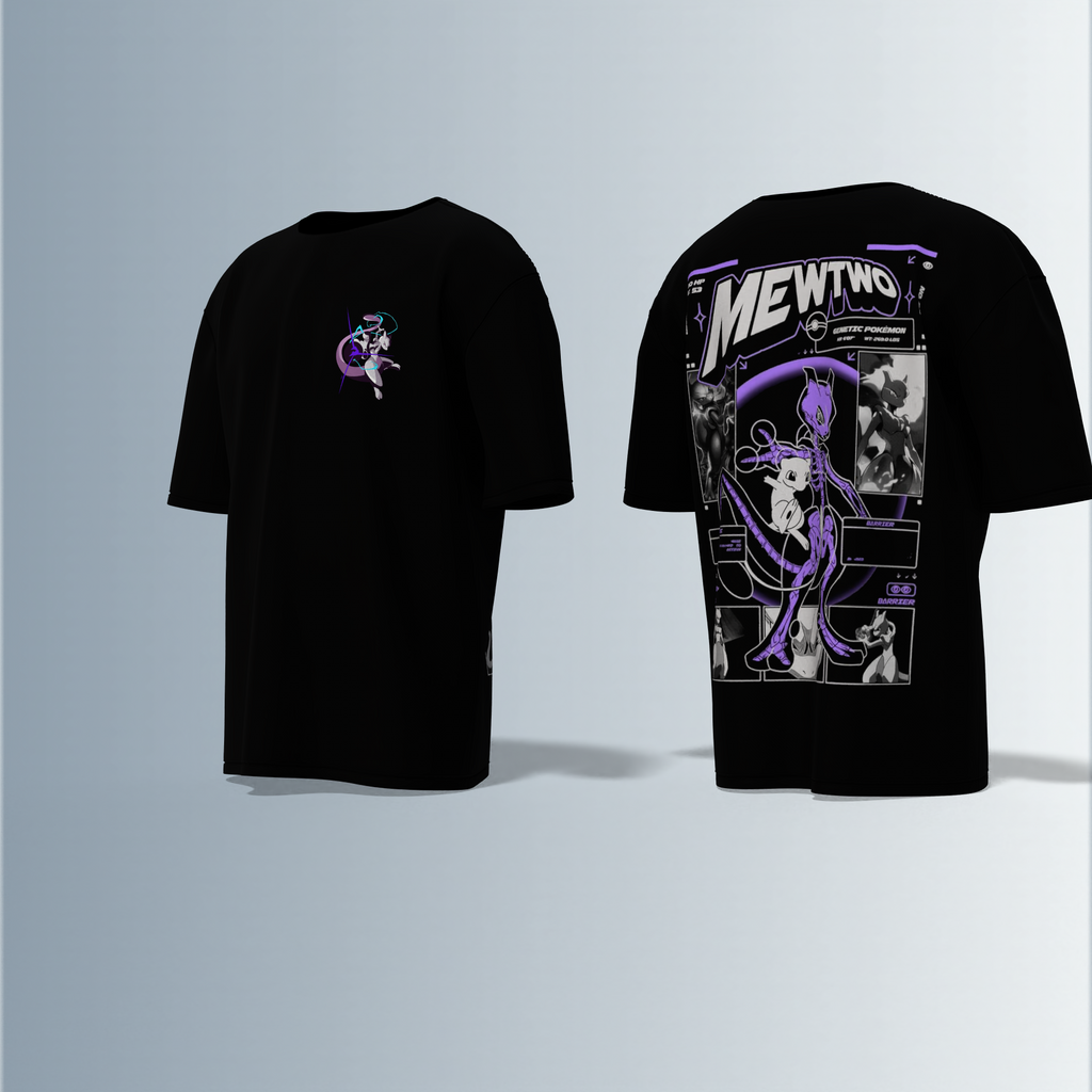 Oversized Graphic T-Shirt Featuring Legendary Pokémon Mewtwo – Futuristic Anime-Inspired Typography and Dynamic Character Artwork on Front and Back