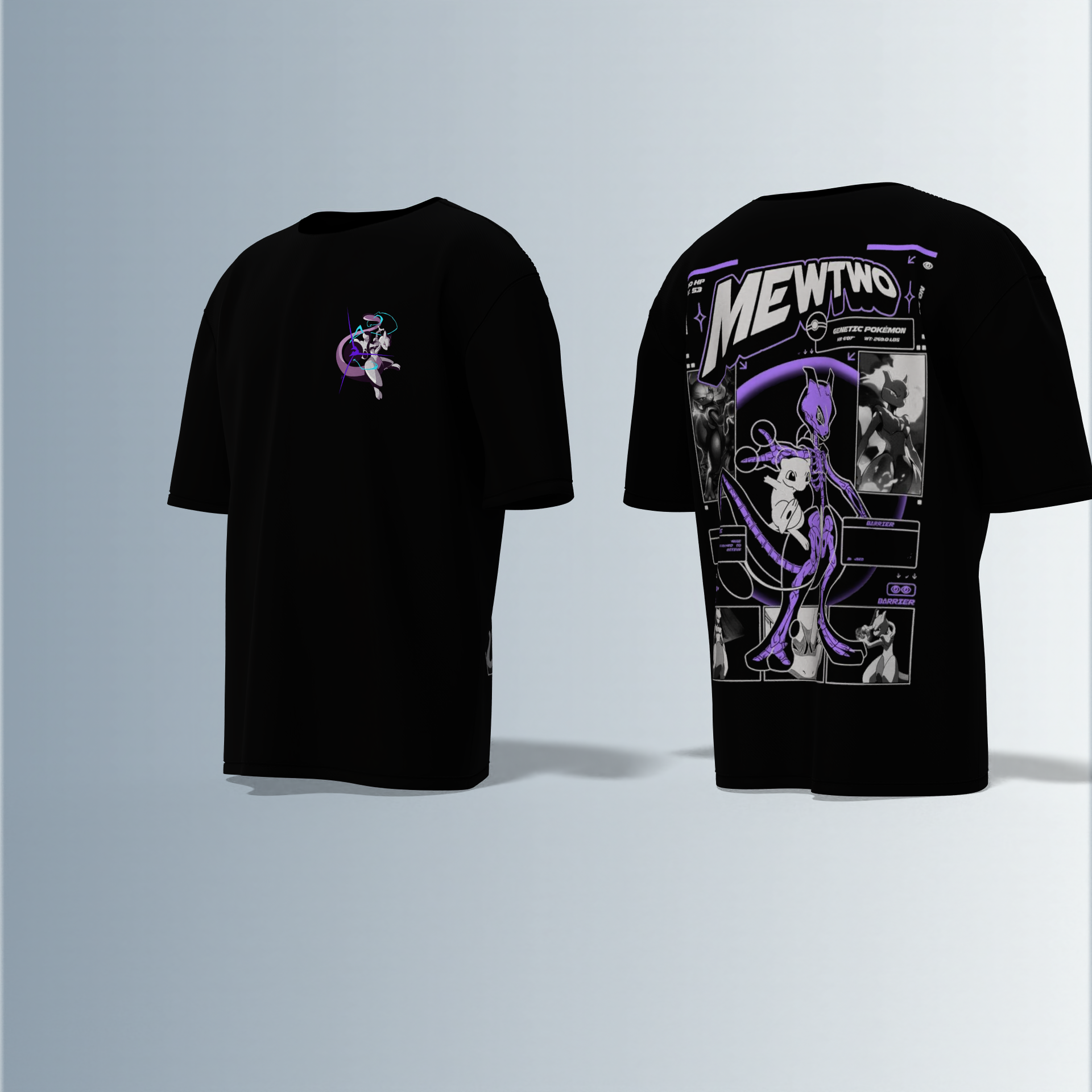 Oversized Graphic T-Shirt Featuring Legendary Pokémon Mewtwo – Futuristic Anime-Inspired Typography and Dynamic Character Artwork on Front and Back