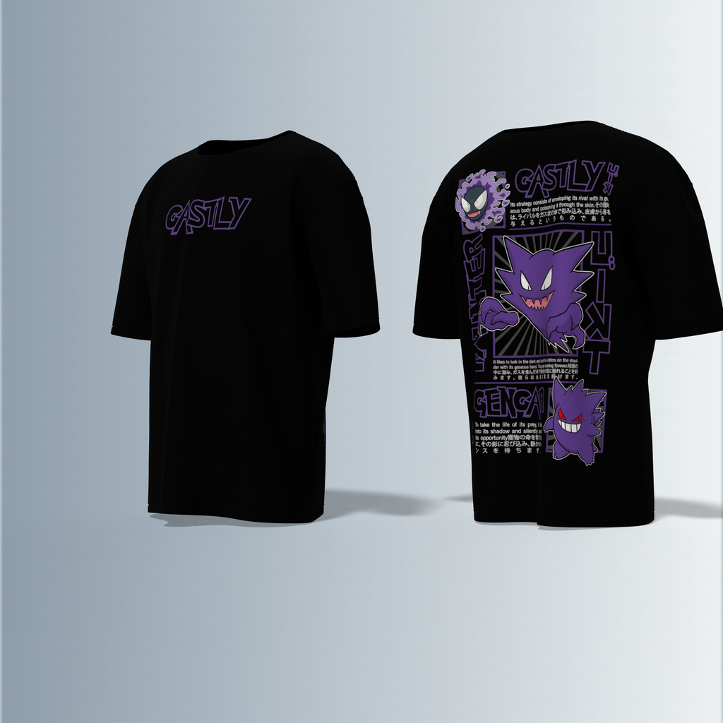 Oversized Graphic T-Shirt Featuring Gastly, Haunter, and Gengar Evolution Line – Bold Anime-Inspired Typography and Character Artwork on Front and Back