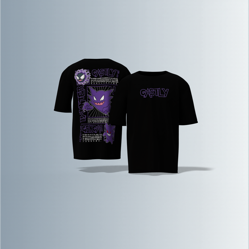 Oversized Graphic T-Shirt Featuring Gastly, Haunter, and Gengar Evolution Line – Bold Anime-Inspired Typography and Character Artwork on Front and Back