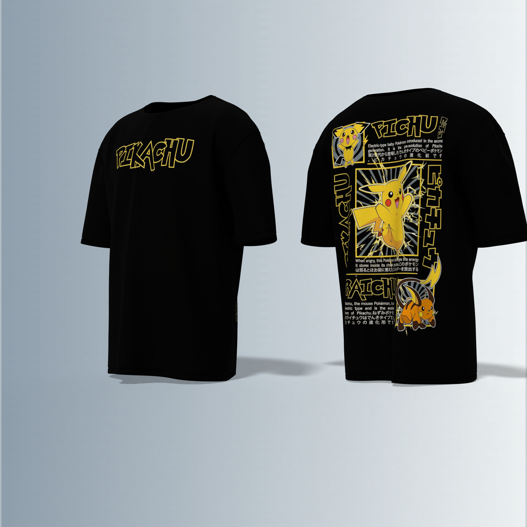 Oversized Graphic T-Shirt Featuring Pichu, Pikachu, and Raichu Evolution Line – Dynamic Anime-Inspired Typography and Character Artwork on Front and Back