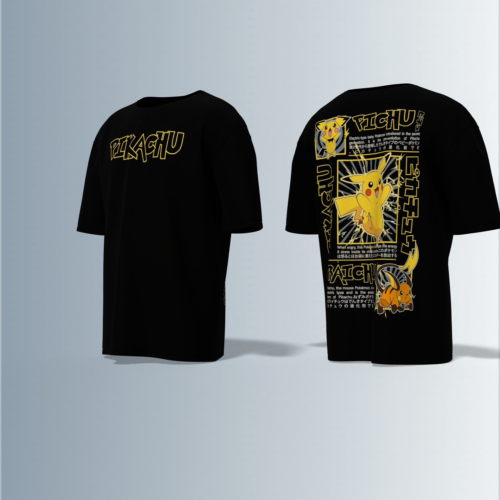 Oversized Graphic T-Shirt Featuring Pichu, Pikachu, and Raichu Evolution Line – Dynamic Anime-Inspired Typography and Character Artwork on Front and Back