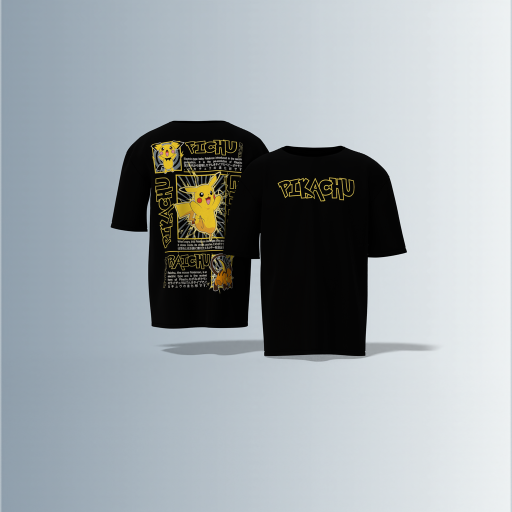 Oversized Graphic T-Shirt Featuring Pichu, Pikachu, and Raichu Evolution Line – Dynamic Anime-Inspired Typography and Character Artwork on Front and Back