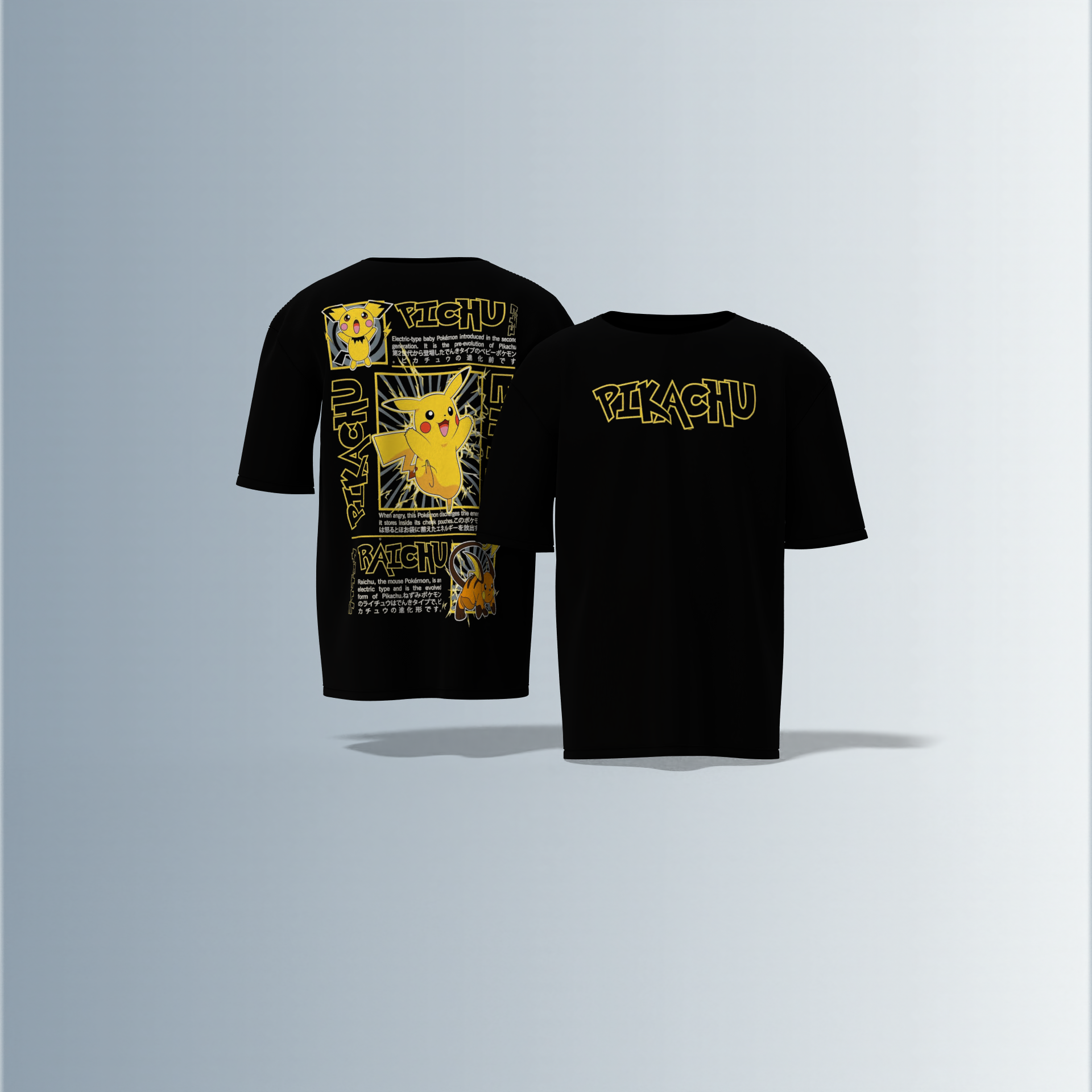 Oversized Graphic T-Shirt Featuring Pichu, Pikachu, and Raichu Evolution Line – Dynamic Anime-Inspired Typography and Character Artwork on Front and Back