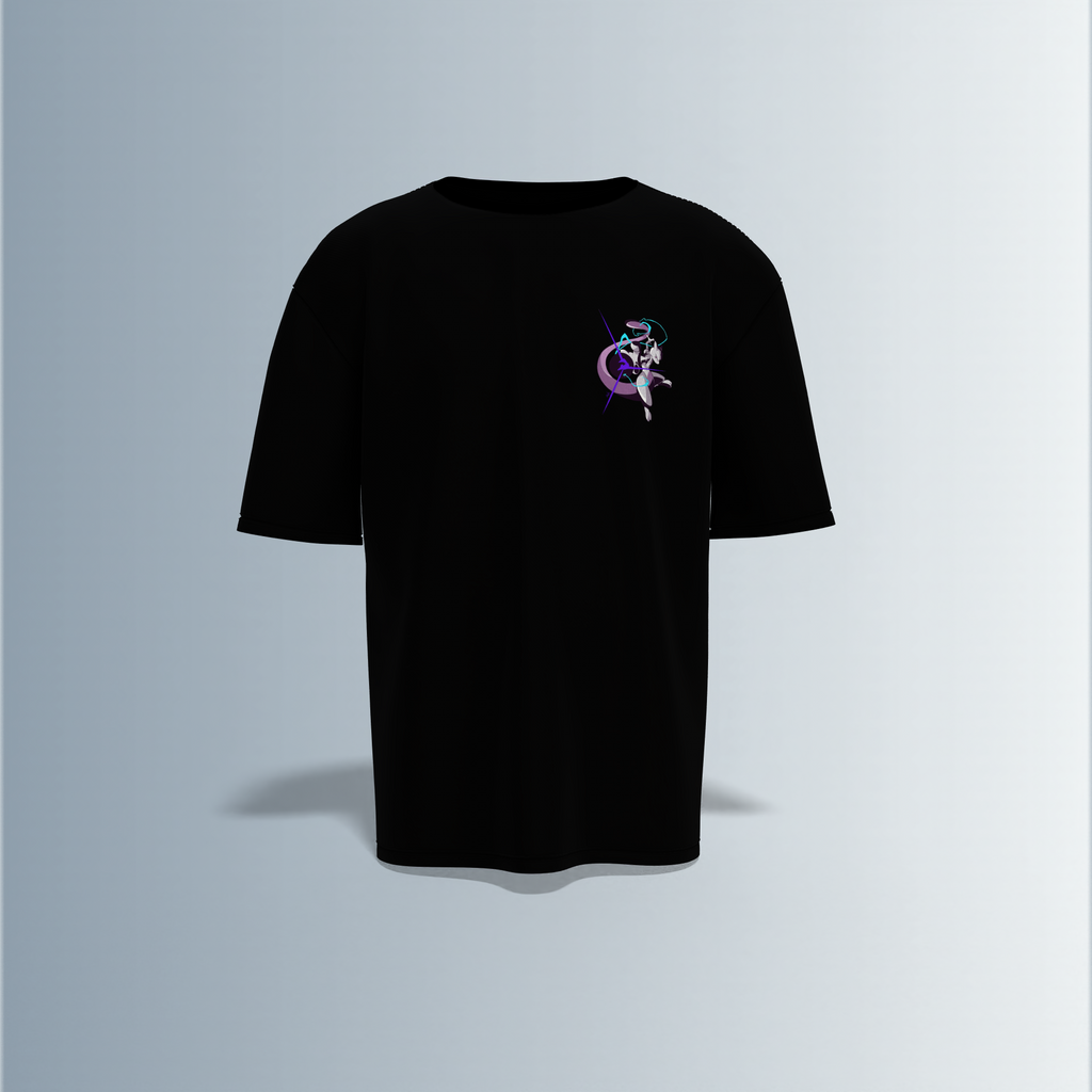 Oversized Graphic T-Shirt Featuring Legendary Pokémon Mewtwo – Futuristic Anime-Inspired Typography and Dynamic Character Artwork on Front and Back