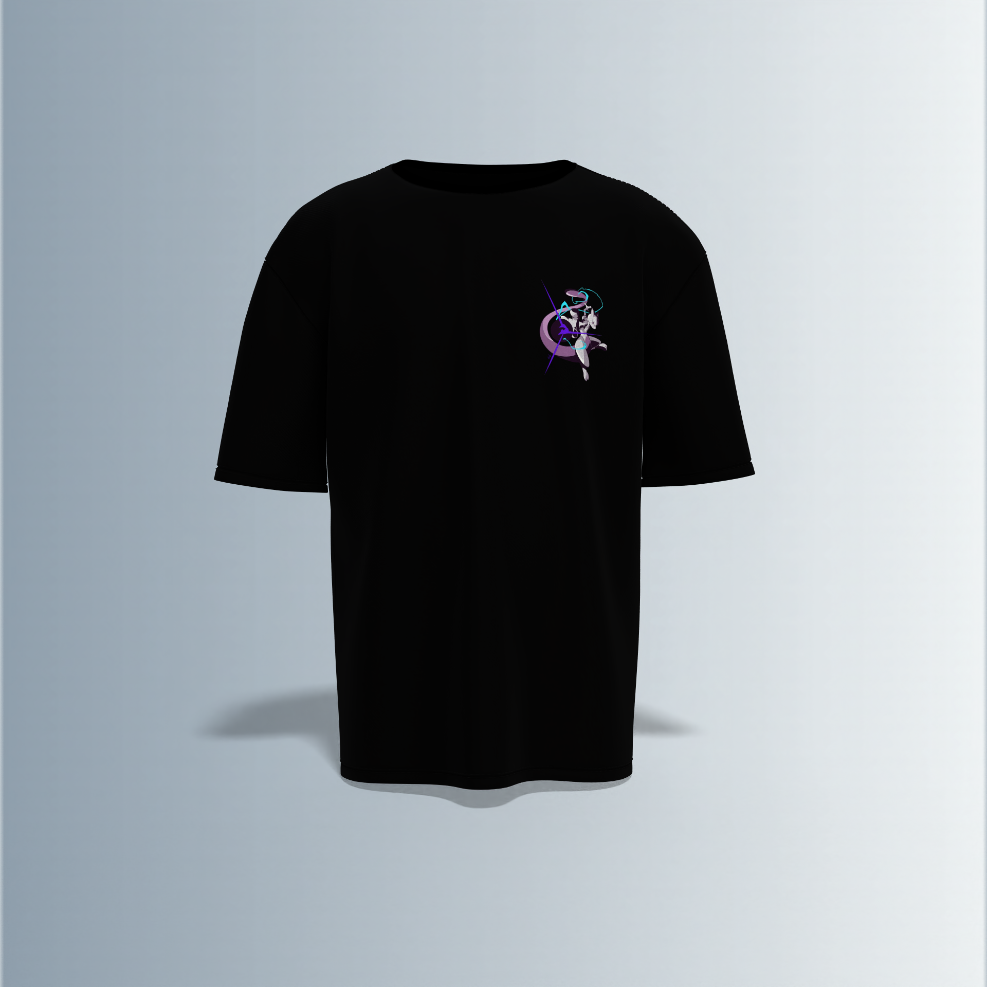 Oversized Graphic T-Shirt Featuring Legendary Pokémon Mewtwo – Futuristic Anime-Inspired Typography and Dynamic Character Artwork on Front and Back