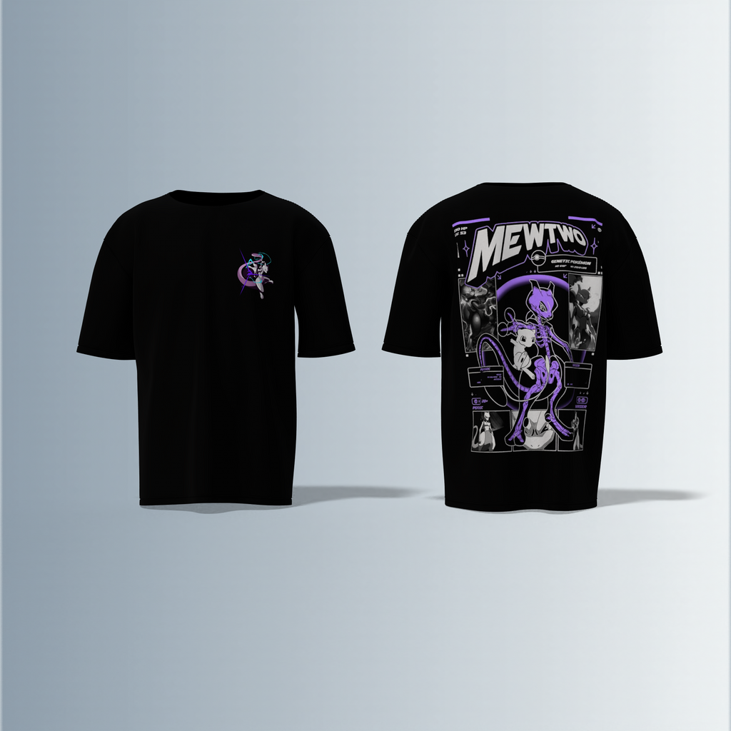 Oversized Graphic T-Shirt Featuring Legendary Pokémon Mewtwo – Futuristic Anime-Inspired Typography and Dynamic Character Artwork on Front and Back