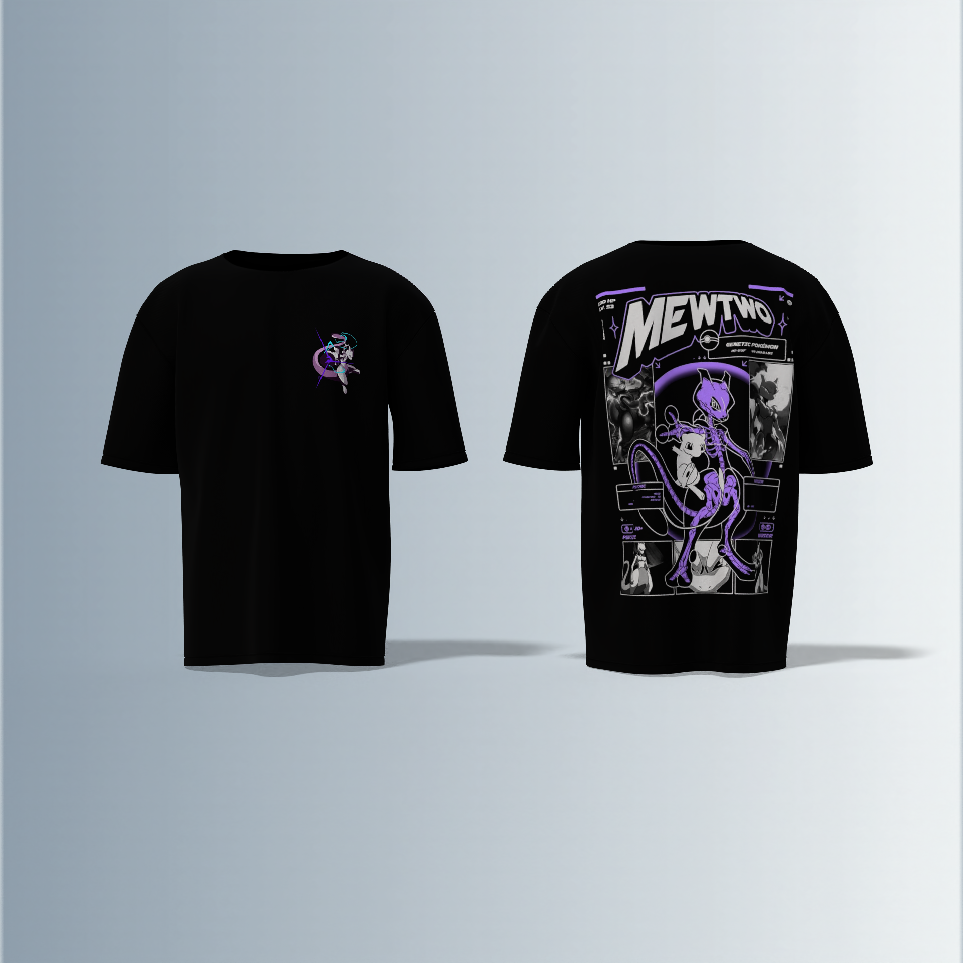 Oversized Graphic T-Shirt Featuring Legendary Pokémon Mewtwo – Futuristic Anime-Inspired Typography and Dynamic Character Artwork on Front and Back