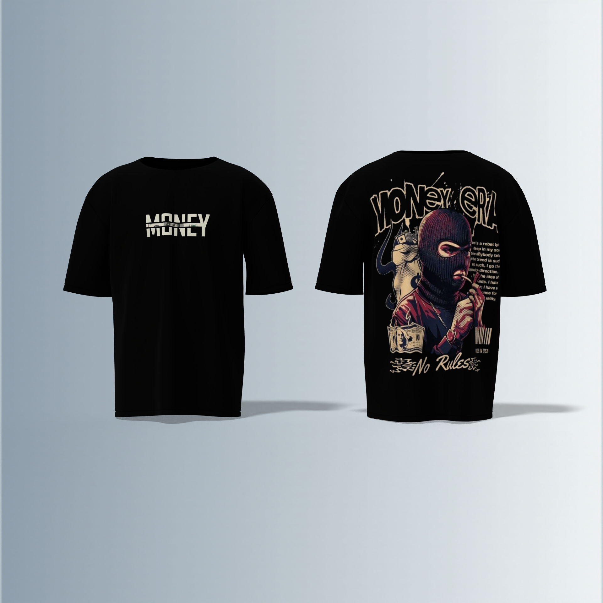 "Oversized Graphic Streetwear T-Shirt – Money Heist Inspired Masked Character Artwork with ‘No Rules’ Slogan & Bold Typography"
