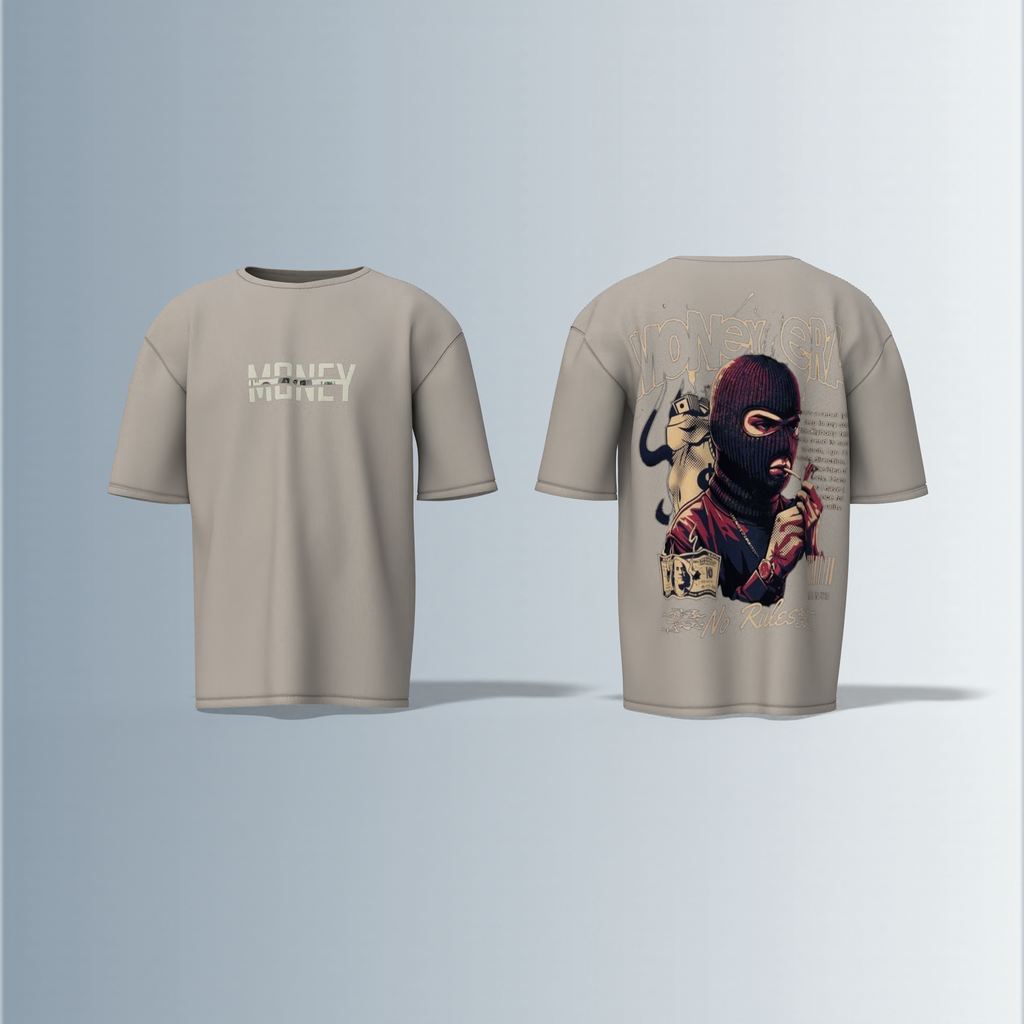 "Oversized Graphic Streetwear T-Shirt – Money Heist Inspired Masked Character Artwork with ‘No Rules’ Slogan & Bold Typography"