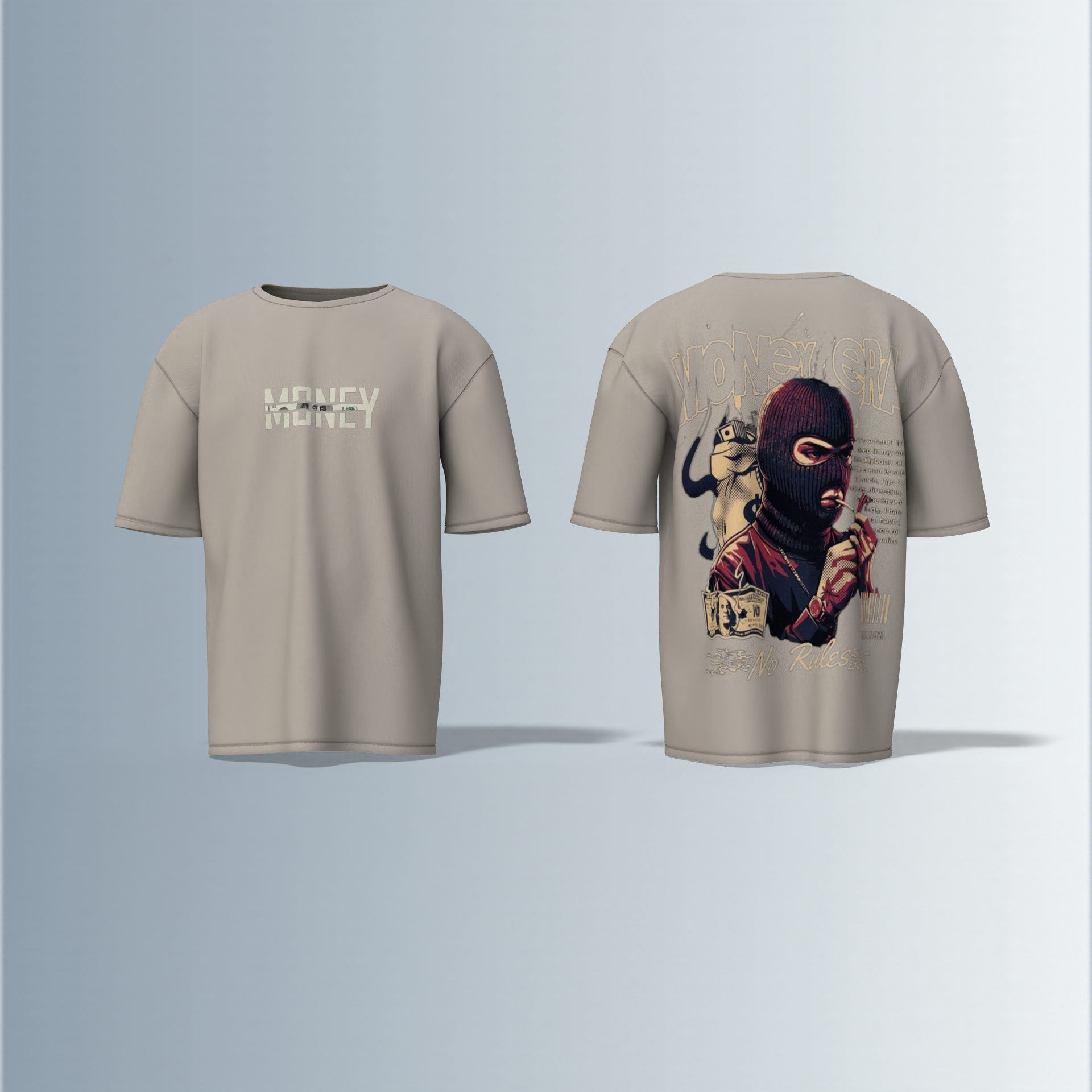 "Oversized Graphic Streetwear T-Shirt – Money Heist Inspired Masked Character Artwork with ‘No Rules’ Slogan & Bold Typography"
