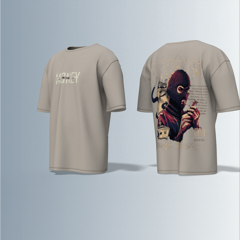 "Oversized Graphic Streetwear T-Shirt – Money Heist Inspired Masked Character Artwork with ‘No Rules’ Slogan & Bold Typography"